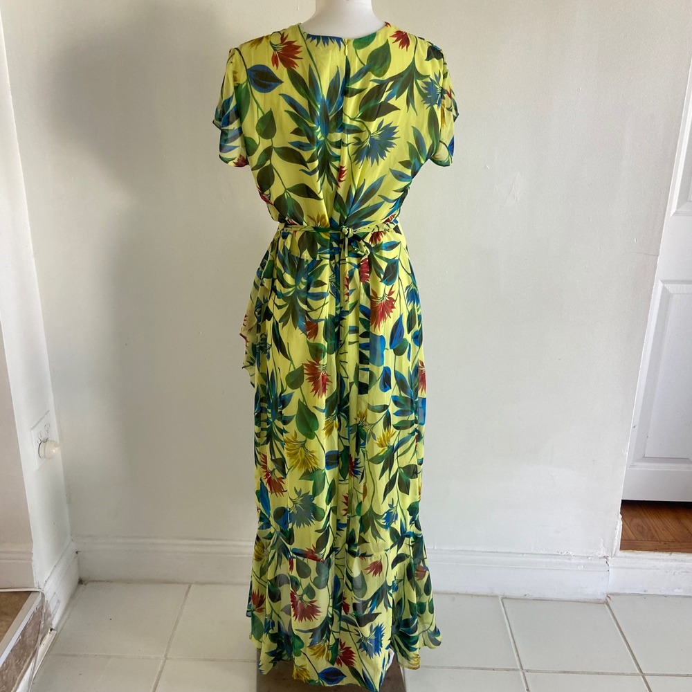Taylor Lime Green Floral Chiffon Faux Wrap Maxi Dress Sz 14 Tropical Ruffle Hem - Picture 5 of 8